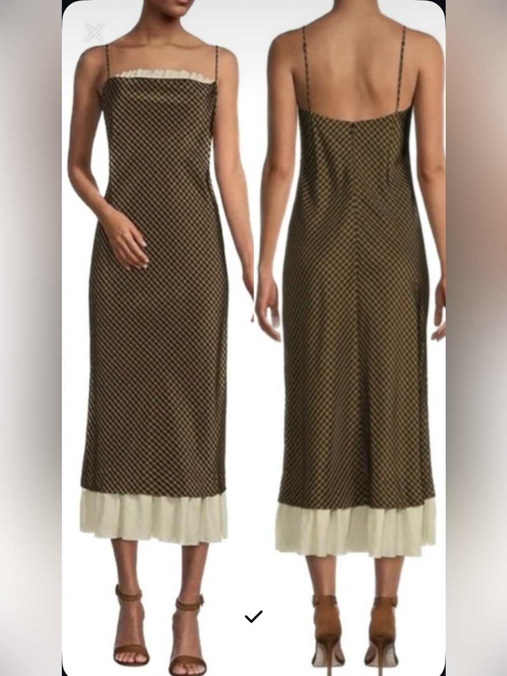 Antonio Melani Brown and Black Checked Slip Dress with Cream Ruffle Accents